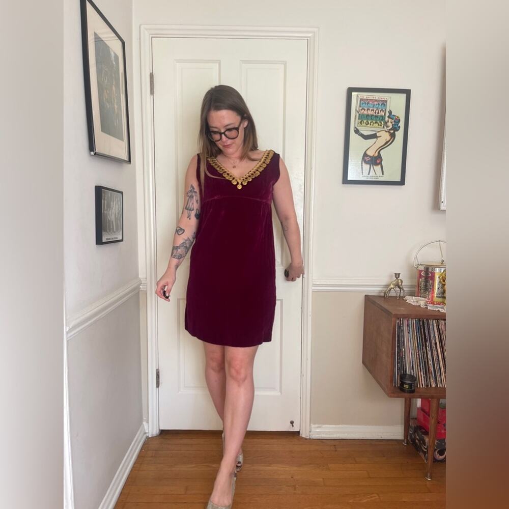 Late 60s Early 70s Burgundy Red Velvet Mini Dress with Coin Collar